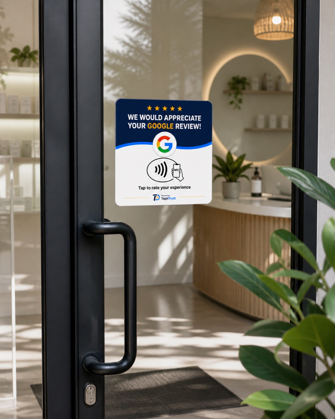TapNTrust review card adhered to a glass clinic entrance