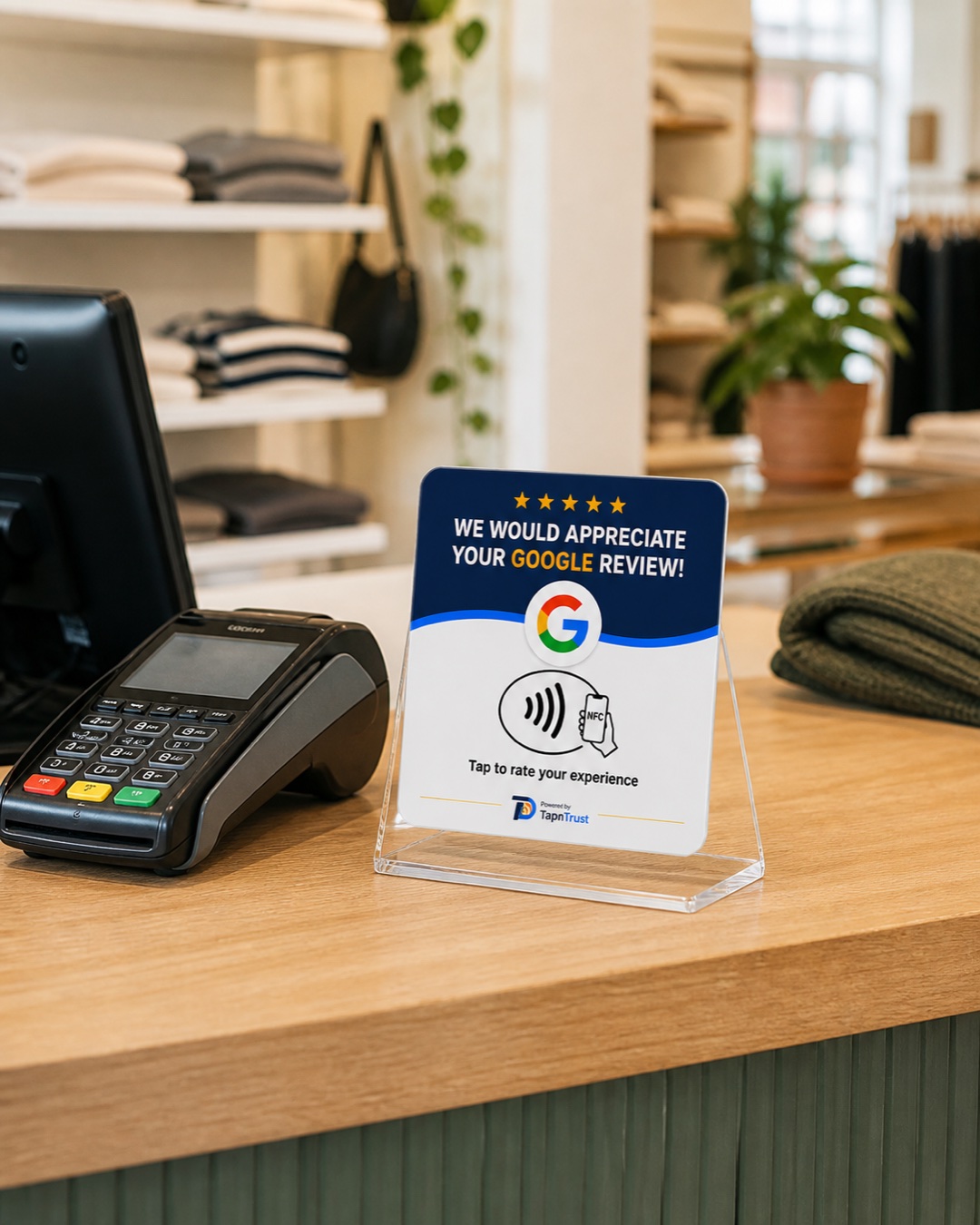 TapNTrust review card in the optional stand beside a retail payment terminal